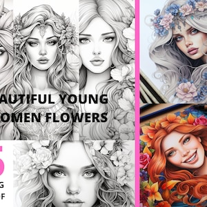 Coloring book to print for adults, very beautiful women with flowers, women, flowers, coloring page