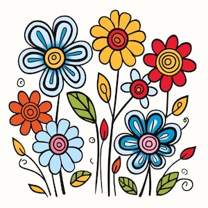 Peut inclure: Une illustration colorée d'un bouquet de fleurs aux pétales bleus, rouges, jaunes et oranges. Les fleurs ont un style fantaisiste et cartoon.
