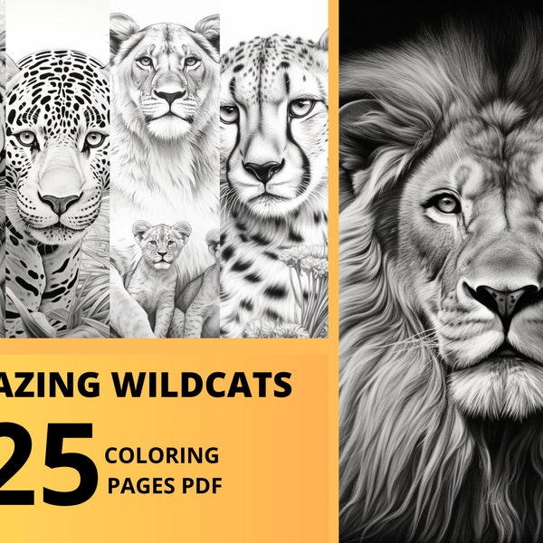 livre de coloriage à imprimer, fauves, lion, tigre, panthère, hyper réaliste , coloring page for adult, wildcats, beautiful