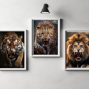 wall art, decoration of magnificent wild animals, photograph lion tiger and panther attacking