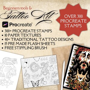 Puede incluir: Un kit de ilustración digital para artistas del tatuaje que incluye más de 300 sellos de Procreate, 10 texturas de papel, más de 40 diseños de tatuajes tradicionales, 15 hojas de flash prefabricadas y un pincel de punteado gratuito.