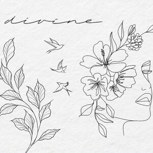 May include: Line art drawing of a woman's face with flowers and leaves around her head. The word "divine" is written at the top of the image.