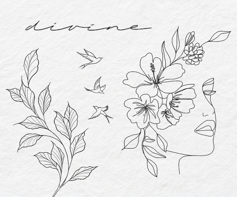 May include: Line art drawing of a woman's face with flowers and leaves around her head. The word "divine" is written at the top of the image.