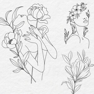 May include: Line art illustration of three women's faces with flowers. The first woman is holding a flower in her hand, the second woman has flowers in her hair, and the third woman has flowers behind her head.