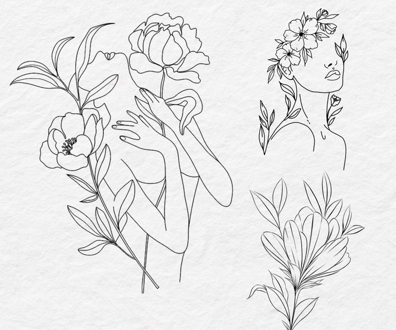 May include: Line art illustration of three women's faces with flowers. The first woman is holding a flower in her hand, the second woman has flowers in her hair, and the third woman has flowers behind her head.