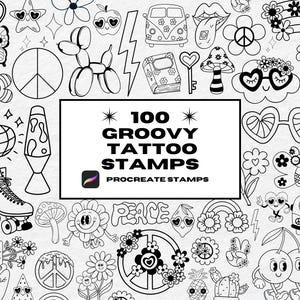 Groovy Procreate Tattoo Stamps, Procreate Brushes, Hippie Tattoo Stamps, Patchwork Tattoo Outline, Retro Procreate, Bundle, Stamp