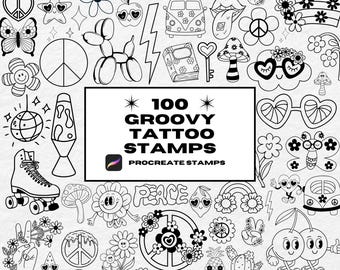 May include: A set of 100 black and white groovy tattoo stamps for Procreate. The stamps feature a variety of designs, including peace signs, flowers, hearts, sunglasses, and more.