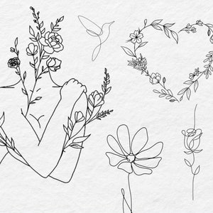 May include: Line art illustration of a woman's body with flowers growing from her shoulders and arms. The image also includes a heart shape made of flowers, a single flower, and a single rose.