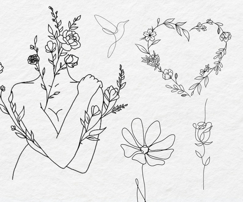 May include: Line art illustration of a woman's body with flowers growing from her shoulders and arms. The image also includes a heart shape made of flowers, a single flower, and a single rose.