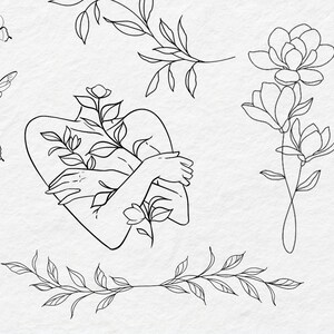 May include: Line art drawing of a woman's torso with flowers and leaves growing from her body. Her arms are crossed over her chest. The drawing is in black and white.