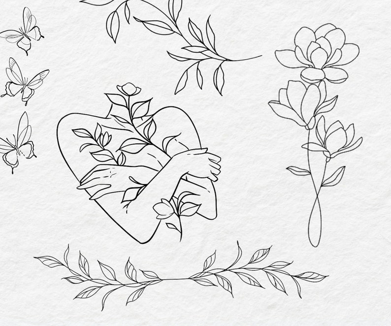 May include: Line art drawing of a woman's torso with flowers and leaves growing from her body. Her arms are crossed over her chest. The drawing is in black and white.