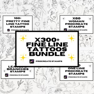 May include: A digital art bundle for Procreate, featuring fine line tattoo stamps. The image displays several stamp sets, including "Pretty Fine Line Tattoo Stamps," "Woman Procreate Stamps," and a "Fine Line Tattoos Bundle." The background is filled with line art.