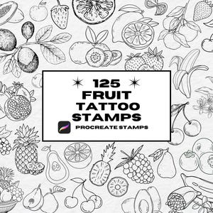 Tampons de tatouage Procreate de fruits, Pinceaux de procréation, Tampons de tatouage de patchwork, Pochoir de tatouage flash, Tatouage de citron, Ananas, Orange, Pomme