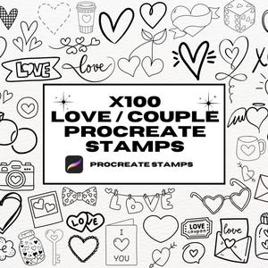 Puede incluir: Un conjunto de 100 sellos Procreate en blanco y negro con ilustraciones de temática de amor y parejas. Los sellos incluyen corazones, anillos, XOXO, pájaros enamorados y más.