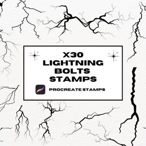 Pode incluir: Um conjunto de 30 carimbos Procreate com designs de raios negros. O texto "X30 LIGHTNING BOLTS STAMPS" é exibido em um retângulo branco com borda preta.