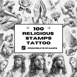 Timbri per tatuaggi religiosi Procreate, Pennelli per Procreate, Timbri per tatuaggi, Disegno di tatuaggi religiosi, Set di pennelli per Procreate, Procreate, Modelli 3D