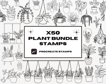 May include: A black and white illustration of 50 different plant stamps for Procreate. The stamps feature a variety of plants, including ferns, succulents, and flowers.