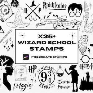 Escola de Magia Procreate Carimbos de Tatuagem, Pincéis Procreate, Carimbos de Tatuagem de Coruja, Contorno de Tatuagem de Patchwork, Flash, Tatuagem, Castelo, Bruxa, Varinha