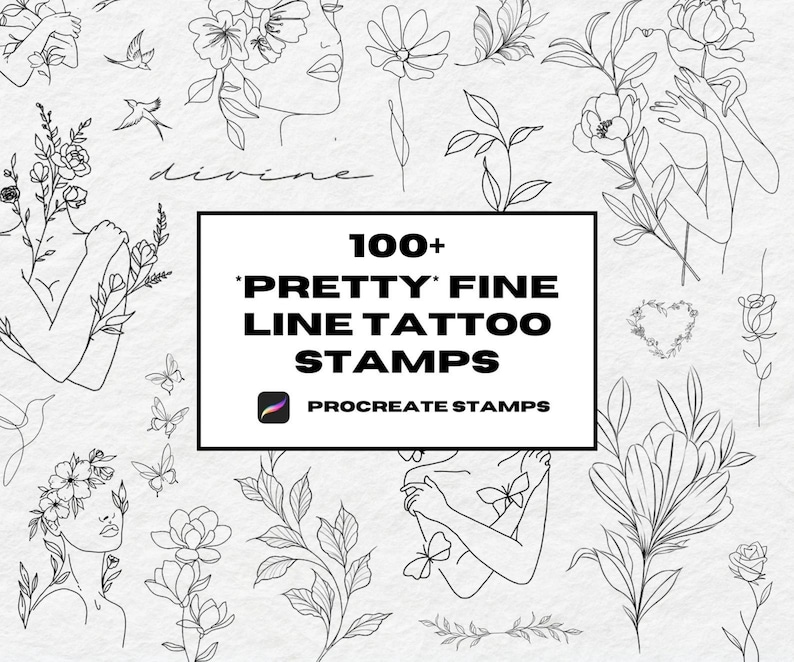 May include: A set of 100+ "Pretty" Fine Line Tattoo Stamps for Procreate. The image shows a variety of black and white line art designs, including flowers, butterflies, and human figures.