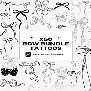 Puede incluir: Una colección de 50 tatuajes de lazos en tinta negra. Los lazos varían en estilo, incluyendo lazos de cinta, nudos simples y lazos con cerezas. El texto "X50 BOW BUNDLE TATTOOS" se muestra en un rectángulo negro con el logotipo de Procreate Stamps.