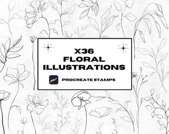 Carimbos de tatuagem floral Procreate: 36 pincéis de linha fina de flores