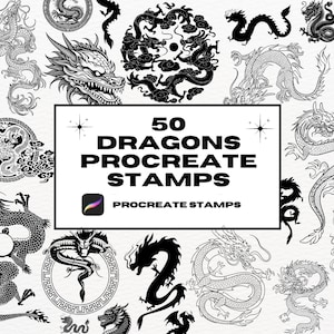 Puede incluir: Un conjunto de 50 ilustraciones de dragones en blanco y negro, perfectas para usar como sellos de Procreate. El texto "50 Dragons Procreate Stamps" se muestra en el centro de la imagen.