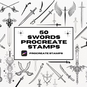 Puede incluir: Un conjunto de 50 ilustraciones de espadas en blanco y negro para sellos de Procreate. La imagen muestra una variedad de diseños de espadas, incluyendo dagas, espadas anchas y espadas de fantasía.