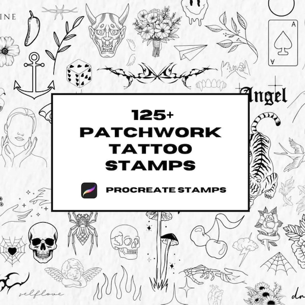 Sellos de tatuaje Procreate, pinceles Procreate, sellos de tatuaje de trabajo de parche, plantilla de tatuaje flash, tatuaje de línea fina, procreación de arte lineal, modelos 3D