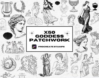May include: A set of 50 black and white digital stamps featuring illustrations of goddesses, mythical creatures, and symbols. The stamps are designed for use with the Procreate app.