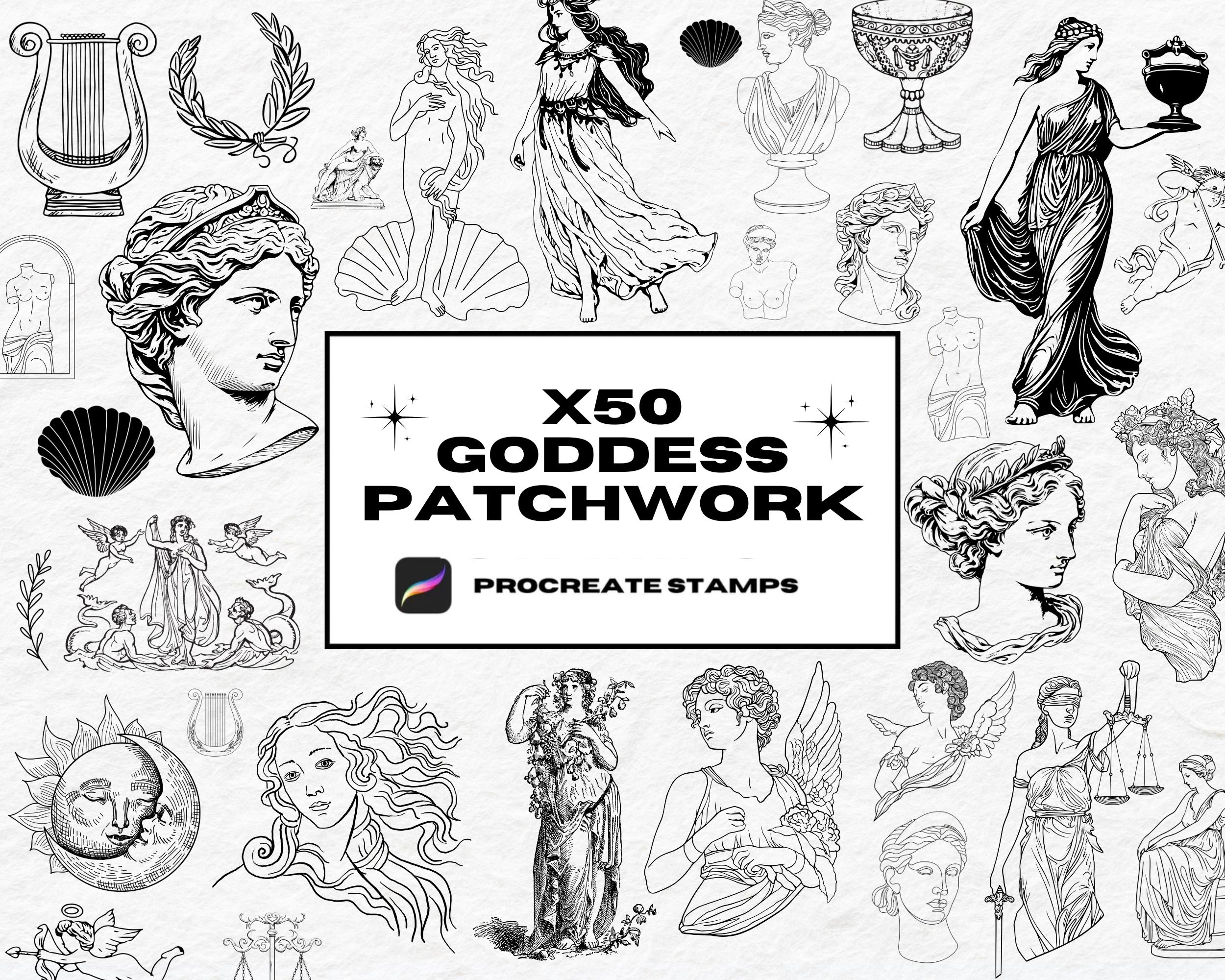 Goddess Tattoo Stamps: 50 Procreate Outline Brushes (patchwork Flash ...
