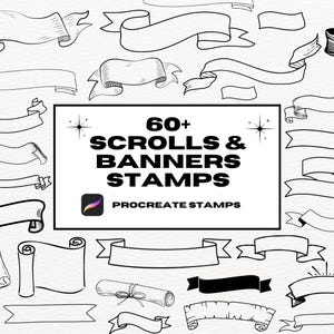 Puede incluir: Un conjunto de más de 60 sellos de desplazamiento y pancartas dibujados a mano en blanco y negro para Procreate. Los sellos tienen forma de rollos, pancartas y cintas.