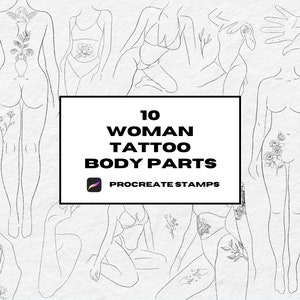 10 sellos de tatuaje procreado de contorno femenino, pinceles procreados, partes del cuerpo, plantillas corporales de tatuajes, tatuajes de línea fina, pinceles procreados