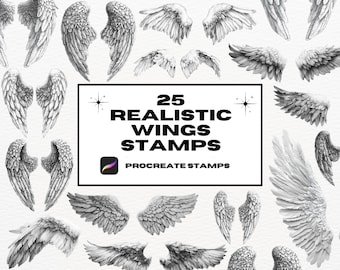 May include: 25 realistic wing stamps for Procreate. The stamps are black and white and feature a variety of wing designs, including angel wings, bird wings, and butterfly wings.