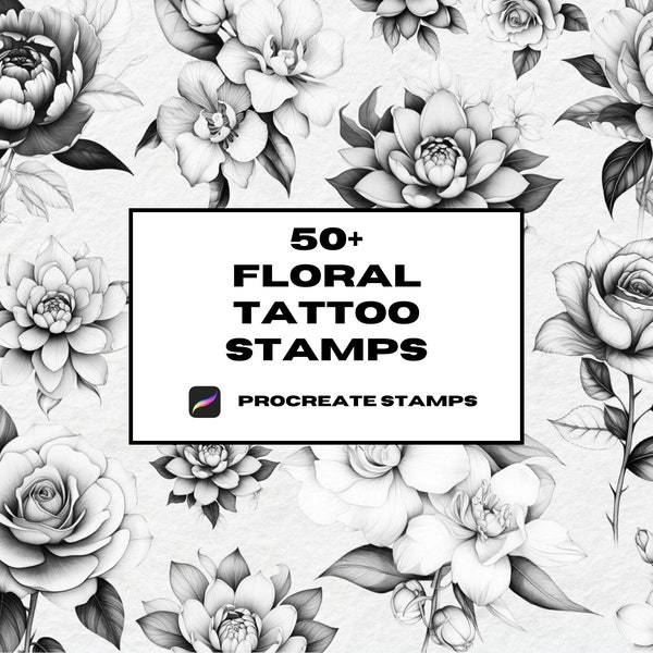 Procreate Flower Tattoo Stamp, Procreate Brushes, Rose Tattoo Stamps, Flash Tattoo Stencil, Peony Tattoo Stamp, Flowers Procreate, 3D Models