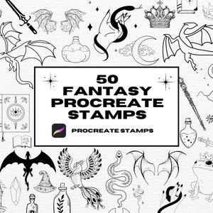 Carimbos de tatuagem Fantasy Procreate, pincéis Procreate, carimbos de tatuagem de fada, contorno de tatuagem de patchwork, flash, cobra, dragão, asas, mágico