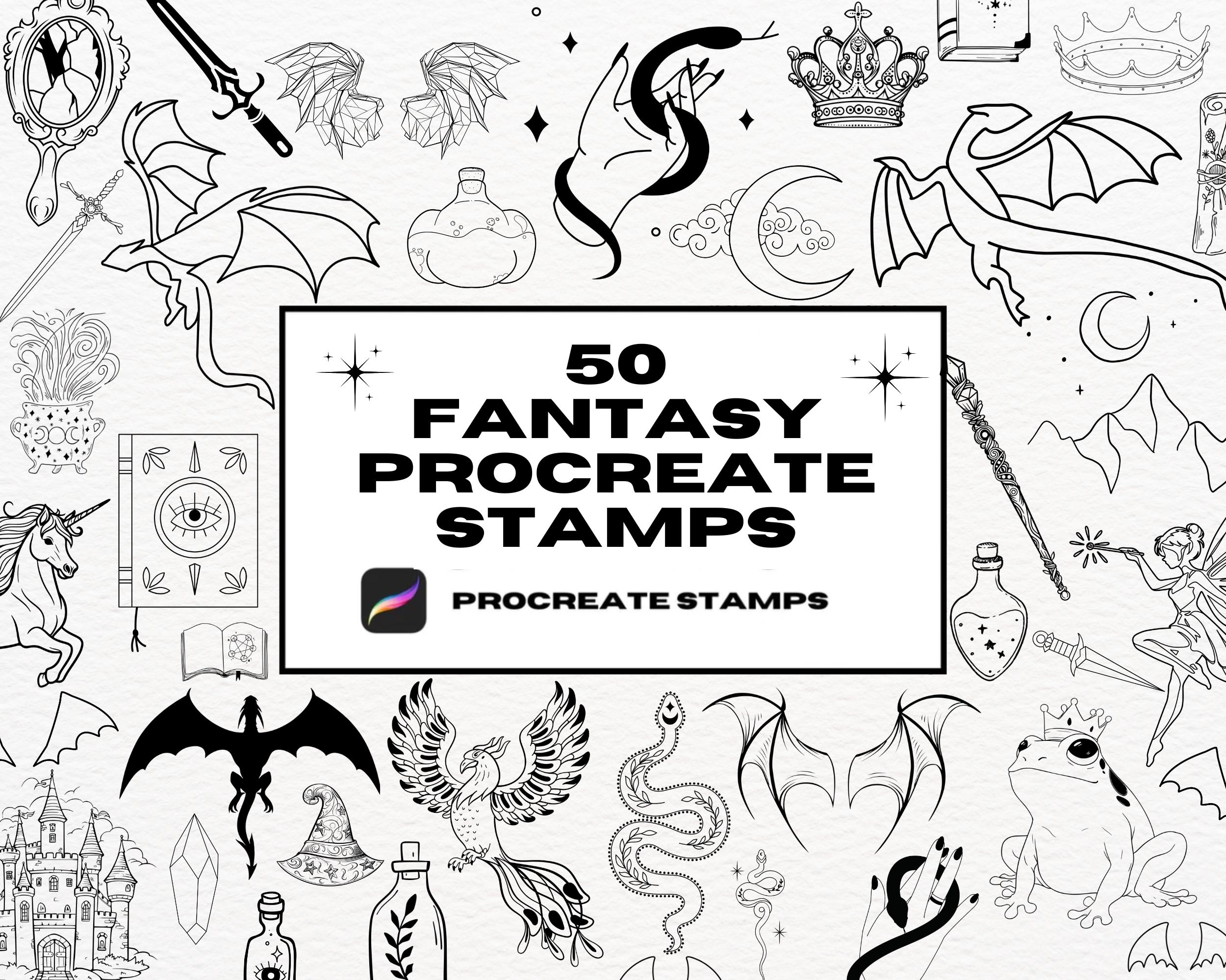 Fantasy Procreate Tattoo Stamps – 50+ Magical Procreate Brushes & Fairy Tattoo Flash Outlines (Snake, Dragon, Wings)