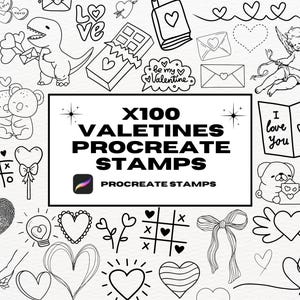 Puede incluir: Un conjunto de 100 sellos Procreate en blanco y negro con temática de San Valentín. Los sellos presentan corazones, flores, animales y otros diseños románticos. El texto "X100 VALETINES PROCREATE STAMPS" se muestra en negrita.