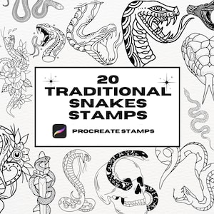 Carimbos de tatuagem de cobra tradicional Procreate, pincéis Procreate, tatuagem da velha escola, contorno de tatuagem de patchwork, flash de tatuagem, contorno de cobra