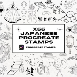 Puede incluir: Un conjunto de 55 sellos Procreate japoneses en blanco y negro. Los sellos incluyen imágenes de una mujer con ropa tradicional, una grúa, un pez, un abanico, una linterna, una planta de bambú, una flor, un rickshaw, una grúa de papel y una nube. El texto "X55 JAPANESE PROCREATE STAMPS" está escrito en negrita en la parte superior de la imagen.