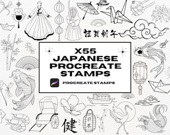 May include: A set of 55 black and white Japanese-themed Procreate stamps. The stamps include images of a woman in traditional clothing, a crane, a fish, a fan, a lantern, a bamboo plant, a flower, a rickshaw, a paper crane, and a cloud. The text "X55 JAPANESE PROCREATE STAMPS" is written in bold letters at the top of the image.
