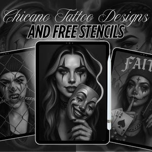 Chicano Tattoo Designs: 15 JPEGs + PNG Stencils (Digital Download)