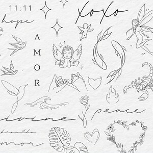 May include: A black and white line art illustration with various symbols and words, including "hope", "amor", "divine", "peace", "11:11", "xoxo", "A M O R", and a heart with a floral wreath.