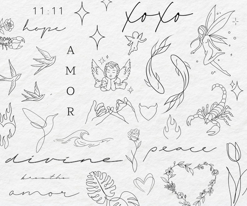 May include: A black and white line art illustration with various symbols and words, including "hope", "amor", "divine", "peace", "11:11", "xoxo", "A M O R", and a heart with a floral wreath.