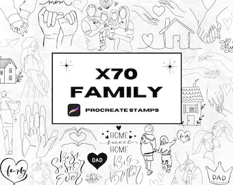 May include: A set of 70 black and white Procreate stamps featuring family-themed illustrations. The stamps include images of hands, hearts, houses, crowns, and text such as "family", "home sweet home", "best sister ever", and "big brother".