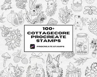 May include: Black and white line art illustrations of cottagecore themed objects, including a frog, a rabbit, a teapot, a mushroom, a jar, a fox, a squirrel, a daisy, a bee, a strawberry, a moon, and more. The text "100+ Cottagecore Procreate Stamps" is in the center of the image.