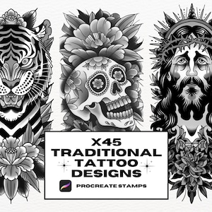 Sellos de tatuajes tradicionales de Procreate, pinceles de Procreate, sellos de tatuajes de la vieja escuela, tigre, diseño de tatuaje, barco, flash, religioso, neotradicional