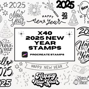 Puede incluir: Un conjunto de 40 sellos Procreate en blanco y negro con diseños de Año Nuevo. Los sellos incluyen texto, ilustraciones y símbolos como "Feliz Año Nuevo", "2025", fuegos artificiales, sombreros de fiesta y globos.