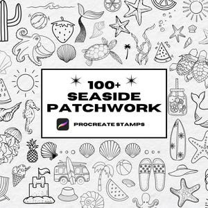 Puede incluir: Ilustraciones en blanco y negro de línea de varios objetos con temática de playa y verano, incluyendo conchas marinas, estrellas de mar, piñas, sandías, conos de helado y una tabla de surf. El texto "100+ SEASIDE PATCHWORK PROCREATE STAMPS" está en el centro de la imagen.