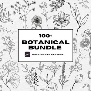Más de 100 sellos botánicos de procreación, pinceles de procreación, sellos de tatuajes de flores, sellos de procreación de tatuajes de hojas, procreación de arte lineal, sellos femeninos
