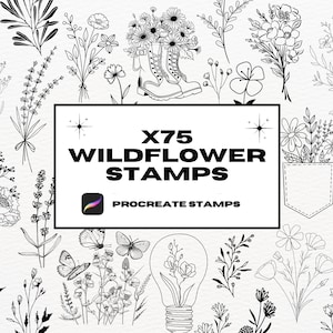 Puede incluir: Un conjunto de 75 sellos de flores silvestres en blanco y negro para Procreate. Los sellos presentan varios diseños florales, incluidos ramos, flores individuales y hojas.